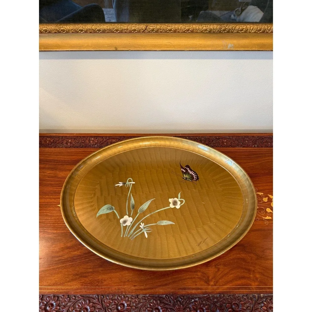 Vintage Gold Lacquer Tray, Hand Painted Butterfly Oval‎ Serving Tray - 18